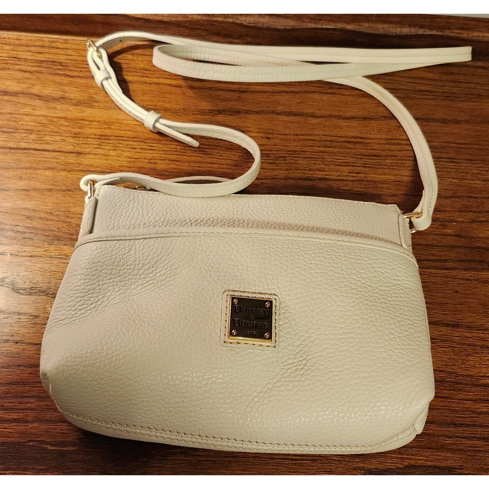 Dooney & Bourke White Pebbled Leather Crossbody Bag Gold Logo Zip Top Small